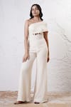 Buy_Shwetanga_Ivory Organza Foil Printed Sequin One-shoulder Draped Jumpsuit _at_Aza_Fashions