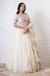 Buy_Shwetanga_Ivory Organza Foil Printed Sequin Sweetheart Ruffle Layered Lehenga Set _Online_at_Aza_Fashions