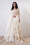 Buy_Shwetanga_Ivory Organza Foil Printed Pearl Sweetheart Scarf Lehenga Set _at_Aza_Fashions