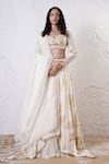 Buy_Shwetanga_Ivory Organza Foil Printed Pearl Sweetheart Scarf Lehenga Set _Online_at_Aza_Fashions