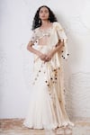 Buy_Shwetanga_Ivory Organza Foil Printed Sequin Sweetheart Pre-draped Saree With Blouse _at_Aza_Fashions