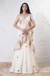 Buy_Shwetanga_Ivory Organza Foil Printed Sequin Sweetheart Pre-draped Saree With Blouse _at_Aza_Fashions