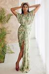 Buy_Studio Surbhi_Green Georgette Satin Print Floral Round Draped Kaftan Style Gown _at_Aza_Fashions