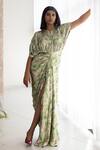 Shop_Studio Surbhi_Green Georgette Satin Print Floral Round Draped Kaftan Style Gown _at_Aza_Fashions