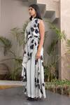 Studio Surbhi_Grey Georgette Satin Print Floral Band Collar Asymmetric Top And Pant Set _at_Aza_Fashions