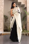 Studio Surbhi_Beige Organza Print Floral Pallu Band Collar Pre-draped Saree Set _Online_at_Aza_Fashions