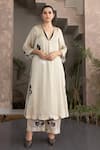 Buy_Studio Surbhi_Beige Organza Print Floral V-neck Straight Kurta With Pant _at_Aza_Fashions