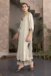 Buy_Studio Surbhi_Beige Organza Print Floral V-neck Straight Kurta With Pant _Online_at_Aza_Fashions