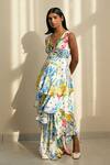 Studio Surbhi_Multi Color Georgette Satin Print Floral V-neck Asymmetric Tiered Dress _Online_at_Aza_Fashions