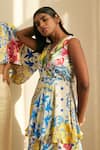 Buy_Studio Surbhi_Multi Color Georgette Satin Print Floral V-neck Asymmetric Tiered Dress 