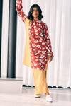 Buy_Studio Surbhi_Red Cotton Silk Digital Printed Floral Notched Stripe Kurta With Pant _at_Aza_Fashions