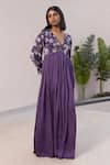 Buy_Studio Surbhi_Purple Georgette Satin Digital Printed Floral V-neck Placement Draped Gown _at_Aza_Fashions