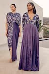 Studio Surbhi_Purple Georgette Satin Digital Printed Floral V-neck Placement Draped Gown _Online_at_Aza_Fashions