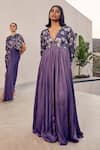 Buy_Studio Surbhi_Purple Georgette Satin Digital Printed Floral V-neck Placement Draped Gown _Online_at_Aza_Fashions