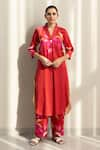 Buy_Studio Surbhi_Red Cotton Silk Digital Printed Floral V-neck Stripe Kurta And Pant Set _at_Aza_Fashions