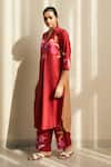 Buy_Studio Surbhi_Red Cotton Silk Digital Printed Floral V-neck Stripe Kurta And Pant Set _Online_at_Aza_Fashions