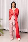 Studio Surbhi_Red Cotton Silk Printed Geometric Floral V-neck Wrap Top And Pant Set _Online_at_Aza_Fashions