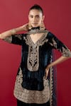 Shop_RAJ ARORA_Blue Velvet Embroidered Nakshi V-neck Zari And Sequin Kurta Salwar Set _Online_at_Aza_Fashions