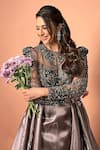 RAJ ARORA_Brown Net Embroidered Crystal Round The Cascade Gown _Online_at_Aza_Fashions