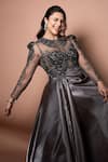 RAJ ARORA_Brown Net Embroidered Crystal Round The Cascade Gown _at_Aza_Fashions