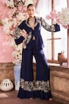 Buy_Krisha sunny Ramani_Blue Chinon Embroidered Sequins Lapel Floral Blazer With Pant _at_Aza_Fashions