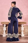 Shop_Krisha sunny Ramani_Blue Chinon Embroidered Sequins Lapel Floral Blazer With Pant _at_Aza_Fashions