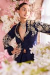 Buy_Krisha sunny Ramani_Blue Chinon Embroidered Sequins Lapel Floral Blazer With Pant _Online_at_Aza_Fashions