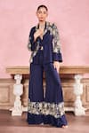 Shop_Krisha sunny Ramani_Blue Chinon Embroidered Sequins Lapel Floral Blazer With Pant _Online_at_Aza_Fashions