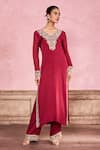 Buy_Krisha sunny Ramani_Maroon Chinon Embroidered Cutdana V-neck Dori Kurta With Pant _at_Aza_Fashions