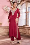 Krisha sunny Ramani_Maroon Chinon Embroidered Cutdana V-neck Dori Kurta With Pant _Online_at_Aza_Fashions