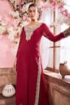 Buy_Krisha sunny Ramani_Maroon Chinon Embroidered Cutdana V-neck Dori Kurta With Pant _Online_at_Aza_Fashions