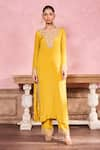 Buy_Krisha sunny Ramani_Yellow Chinon Embroidered Cutdana V-neck Dori And Resham Kurta With Pant _at_Aza_Fashions