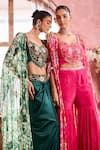 Krisha sunny Ramani_Green Cape Georgette Embroidered Sequins V-neck Geometric Hand Skirt Set With _Online_at_Aza_Fashions