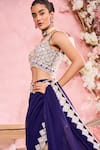 Buy_Krisha sunny Ramani_Blue Georgette Embroidered Sequin V-neck Pre-draped Saree With Blouse _Online_at_Aza_Fashions