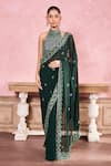 Buy_Krisha sunny Ramani_Green Georgette Embroidered Sequin Halter Beads Pre-draped Saree With Blouse _at_Aza_Fashions