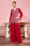 Buy_Krisha sunny Ramani_Red Georgette Embroidered Sequin V-neck Kurta With Sharara _at_Aza_Fashions