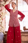 Krisha sunny Ramani_Red Georgette Embroidered Sequin V-neck Kurta With Sharara _Online_at_Aza_Fashions