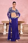 Buy_Krisha sunny Ramani_Blue Georgette Embroidered Stone Geometric Work Long Cape With Draped Skirt Set _at_Aza_Fashions