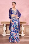 Buy_Krisha sunny Ramani_Blue Crepe Embroidered Sequin Sweetheart Floral Print And Skirt Set _at_Aza_Fashions