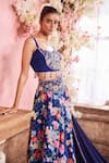 Buy_Krisha sunny Ramani_Blue Crepe Embroidered Sequin Sweetheart Floral Print And Skirt Set _Online_at_Aza_Fashions