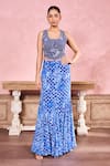 Buy_Krisha sunny Ramani_Blue Crepe Embroidered Sequin U-neck Floral Print Fish Cut Skirt With Blouse _at_Aza_Fashions