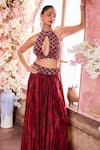 Buy_Krisha sunny Ramani_Maroon Cape Georgette Embroidered Sequin Halter Floral Print With Sharara Set _Online_at_Aza_Fashions