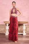 Krisha sunny Ramani_Maroon Cape Georgette Embroidered Sequin Halter Floral Print With Sharara Set _at_Aza_Fashions