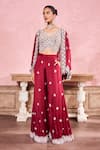 Buy_Krisha sunny Ramani_Maroon Chinon Embroidered Sequin V-neck Geomatric Pattern Cape With Sharara Set _at_Aza_Fashions