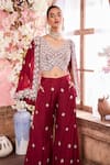 Krisha sunny Ramani_Maroon Chinon Embroidered Sequin V-neck Geomatric Pattern Cape With Sharara Set _Online_at_Aza_Fashions