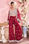 Buy_Krisha sunny Ramani_Maroon Chinon Embroidered Sequin V-neck Geomatric Pattern Cape With Sharara Set _Online_at_Aza_Fashions