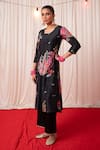 Shop_Chrkha_Black Chanderi Silk Hand Embroidered Mirror Paisley Floral Print Kurta Pant Set _Online_at_Aza_Fashions