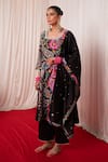 Chrkha_Black Chanderi Silk Hand Embroidered Mirror Paisley Floral Print Kurta Set _Online_at_Aza_Fashions