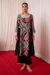 Buy_Chrkha_Black Chanderi Silk Hand Embroidered Mirror Paisley Floral Print Kurta Set _Online_at_Aza_Fashions