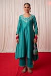 Chrkha_Green Chanderi Silk Hand Embroidered Mirror U Neck Paisley A-line Kurta Set _Online_at_Aza_Fashions